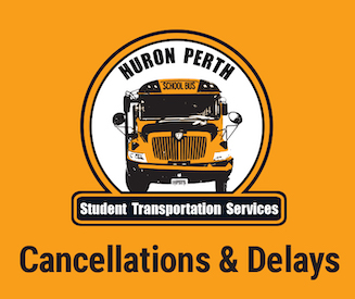 Huron Perth Student Transportation Services logo. Cancellations & Delays.